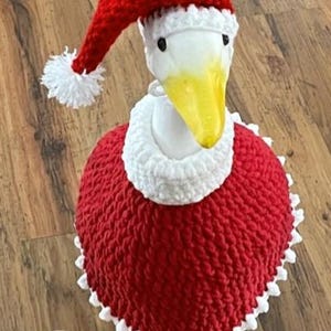 May include: A white goose wearing a red crocheted Santa hat and a red crocheted sweater with a white trim.