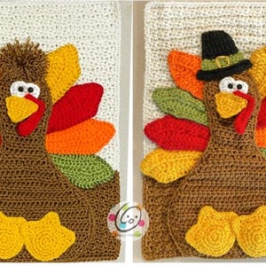 May include: Two crocheted Thanksgiving turkey decorations. One turkey is wearing a black and green pilgrim hat. Both turkeys have brown bodies, yellow feet, and colorful feathers.