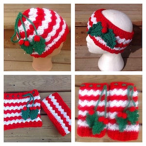 May include: A red and white striped crochet hat, headband, and arm warmers with green holly berry embellishments.
