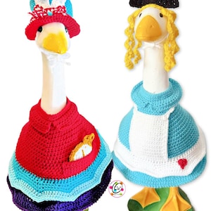 May include: Two decorative goose figurines, one dressed as the White Rabbit with a red hat and a pocket watch, the other as Alice in Wonderland with a blue dress and a black bow. Both are handmade with crochet details.