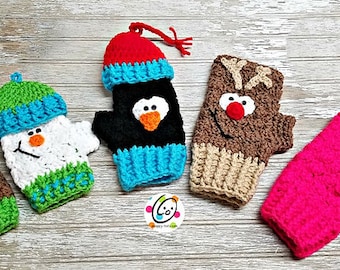 May include: Five crocheted fingerless gloves with different winter holiday themes. The gloves are in various colors, including red, white, green, blue, brown, and pink. The gloves feature different characters, including a snowman, a penguin, a reindeer, and a plain pink glove.