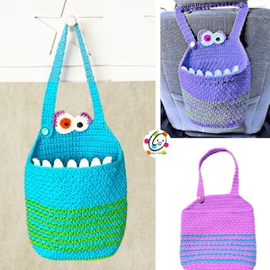 May include: Two crocheted monster-shaped bags with a striped design. One bag is blue with green stripes and the other is purple with green stripes. Both bags have a large mouth and googly eyes.