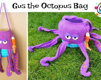 May include: Purple crocheted octopus bag with orange accents and googly eyes. The bag has a hanging loop and is perfect for storing toys or other items.