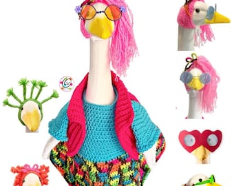 May include: A white goose figurine wearing a variety of colorful crocheted hats, wigs, and sunglasses. The goose is dressed in a blue and pink crocheted sweater and a colorful crocheted skirt.