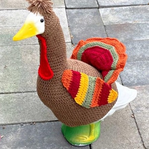 May include: A crocheted turkey figurine with brown, red, orange, yellow, and green yarn. The turkey has a white head and a long, thin beak.