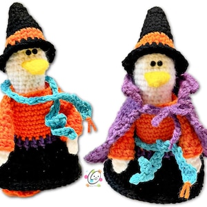 May include: Two crocheted witch penguin ornaments with black hats, orange and purple sweaters, and blue and teal scarves.