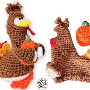 May include: A crocheted turkey with a brown body, orange and yellow feathers, and a white head with a yellow beak. The turkey is holding a small orange pumpkin. There is also a separate crocheted pumpkin and a crocheted turkey tail.