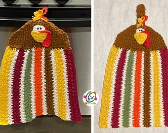 May include: A crocheted turkey-shaped kitchen towel with a brown body, red wattle, yellow beak, and a white, yellow, orange, red, green, and brown striped pattern.