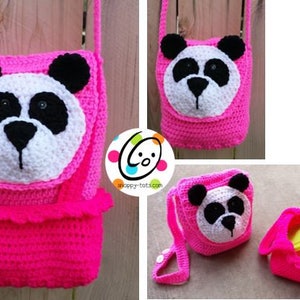 May include: A pink crocheted panda bear lunch bag with a black and white face and a black nose. The bag has a pink strap and a white ruffle around the bottom.