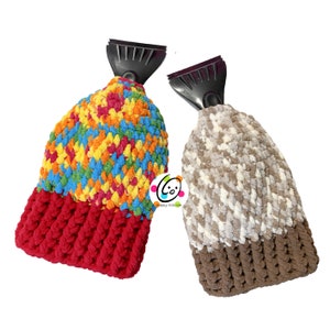 May include: Two crocheted ice scraper covers. One is red and multi-colored, the other is brown and white.