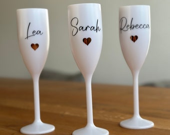 Sektglas Weiß mit Name personalisiert aus Hartplastik | JGA | Junggesellenabschied | Sekt | Kunststoff | Braut | Trauzeugin | Trauzeuge