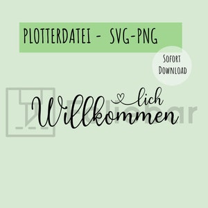 May include: A black and white digital download file for a welcome sign with the text "Willkommen" in a cursive font.