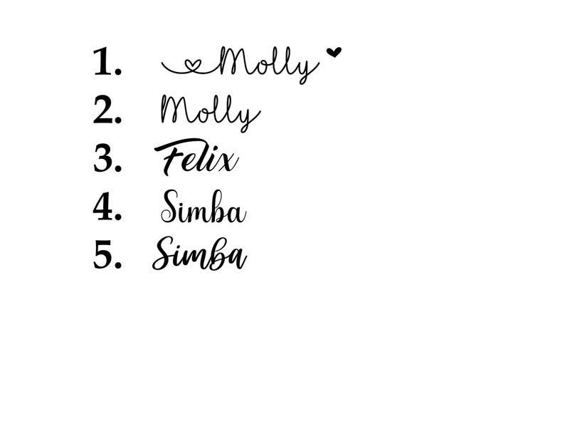 May include: A white background with five black text entries. The first entry reads "1. Molly" with a heart symbol. The second entry reads "2. Molly". The third entry reads "3. Felix". The fourth and fifth entries read "4. Simba" and "5. Simba".