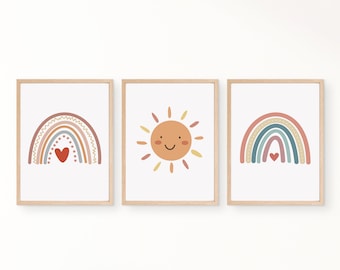 Wandbild 3er Poster Set / Regenbogen Boho Style / Kinderzimmer Deko Wandbilder Bilder