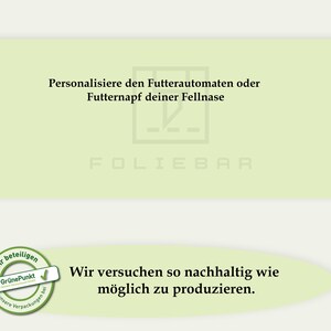 May include: A light green graphic with text in German, including "Personalisiere den Futterautomaten oder Futternapf deiner Fellnase" and "Wir versuchen so nachhaltig wie m&ouml;glich zu produzieren."