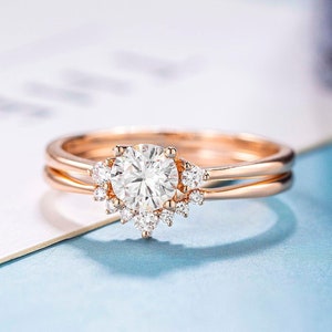 Rose gold ring Moissanite Engagement ring set Curved Unique Engagement ring Vintage Engagement ring women Diamond Anniversary gift Art Deco