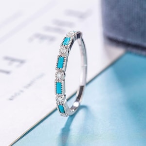 Turquoise Wedding band Vintage Wedding band women Unique Wedding band Moissanite Diamond Art Deco White gold ring Anniversary gift for her