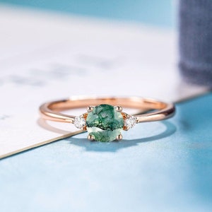 Moss agate Engagement ring Rose gold diamond ring green moss agate Engagement ring Vintage moissanite wedding ring Anniversary Art Deco ring