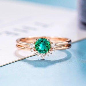 Round emerald engagement ring set, Diamond moissanite wedding band, vintage bridal set, curved matching wedding ring set for women