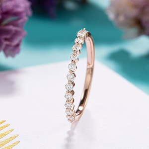 Unique Wedding band women Vintage Wedding band Moissanite Wedding band Dainty Art Deco Gold ring Simple Diamond Anniversary gift for her