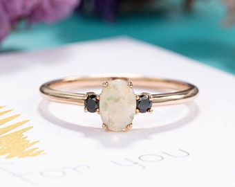 Opal Engagement Ring: Art Deco Gold Ring with Black Diamond