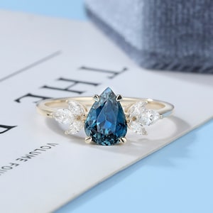 Blue green sapphire engagement ring Marquise cut diamond wedding ring art deco moissanite ring teal sapphire bridal ring Dainty gold ring
