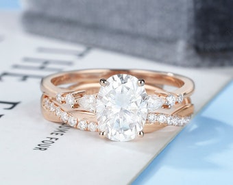 Oval cut Moissanite Engagement Ring Set,Stacking ring.14K/18K Rose Gold,vintage Unique pear diamond Cluster ring women,Twisted band