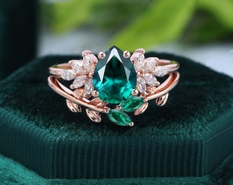 Emerald engagement ring set vintage rose gold Unique pear shape engagement ring diamond wedding ring Bridal anniversary ring gift women