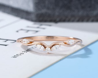 Diamond Wedding band Vintage marquise cut moissanite ring art deco wedding ring solid gold  for her Dainty handmade ring Unique Wedding band
