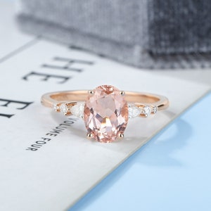 Oval cut Morganite engagement ring, Rose gold diamond moissanite wedding ring, Vintage art deco bridal ring, unique anniversary ring women