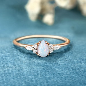 Pear Shaped white opal Engagement ring Moissanite art deco bridal ring Vintage Solid gold wedding ring Anniversary diamond ring for women