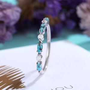 Turquoise Wedding band women Vintage Wedding band Unique Wedding band Mariquise Art Deco Gold ring Anniversary for her Diamond Moissanite