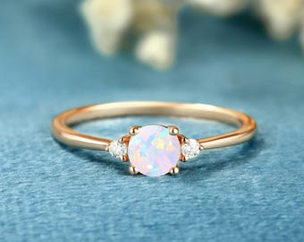 Round White Opal Engagement Ring, Solid Gold, Vintage Art Deco Style, Diamond Accents