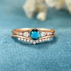 Blue green sapphire engagement ring set Solid Gold Anniversary Curved wedding band Moissanite Diamond bridal set teal sapphire matching band
