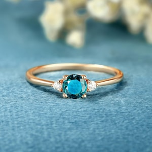 Blue green sapphire Engagement ring Anniversary Solid Gold ring Vintage Diamond Minimalist ring teal sapphire Moissanite promise ring women