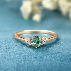 Round Cut Moss Agate Engagement ring Anniversary Solid Gold ring Vintage Diamond ring Moissanite promise for women Unique minimalist ring