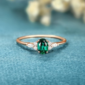 Oval cut Emerald Engagement ring Art Deco Solid gold Anniversary Moissanite diamond wedding ring Vintage bridal ring Unique women ring gift