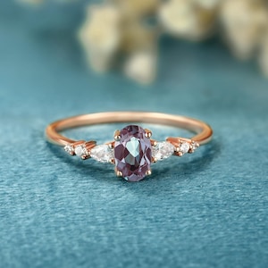Oval cut Alexandrite Engagement ring women Moissanite Solid gold wedding ring Vintage diamond bridal ring Anniversary unique promise ring