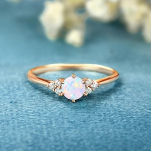 Round cut white opal Engagement ring Solid Gold Anniversary ring Vintage Diamond bridal ring women Moissanite promise wedding ring for her