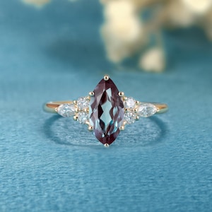 Marquise cut Alexandrite Engagement ring Vintage Solid Gold wedding ring Diamond Moissanite bridal ring Vintage promise anniversary women