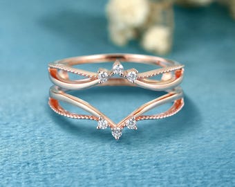 Curved Moissanite Enhancer ring Double Diamond wedding band Anniversary solid Rose gold Ring Stacking Matching Guard Jacket Band