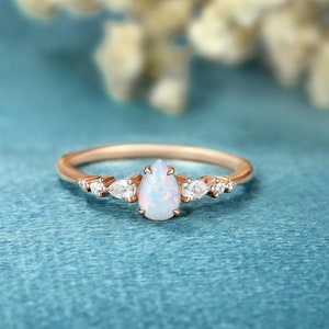 Pear shaped White Opal Engagement ring Anniversary Solid gold Moissanite diamond wedding ring Vintage bridal ring Anniversary promise ring