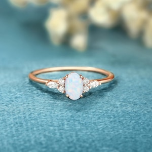 Oval cut white opal Engagement ring Vintage Solid gold Anniversary Moissanite diamond wedding ring Vintage bridal ring unique promise ring
