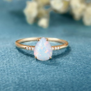 White Opal Engagement ring Anniversary Solid gold ring Moissanite diamond wedding ring Vintage promise ring pear shaped bridal ring for her