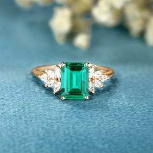 Emerald cut emerald ring Anniversary Engagement ring Marquise Moissanite Diamond ring Vintage Solid gold ring promise wedding ring women
