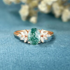 Anniversary moss agate Engagement ring Marquise Moissanite Diamond Solid gold ring Vintage Unique wedding ring Oval cut bridal promise ring
