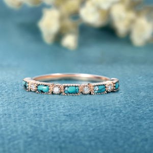 Turquoise Wedding band Vintage Wedding band women Unique Wedding band Moissanite Diamond Art Deco White gold ring Anniversary gift for her