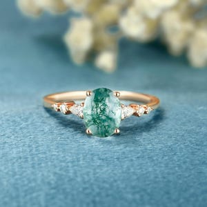 Oval cut Moss Agate Engagement ring Marquise cut Solid gold bridal ring diamond Moissanite promise  wedding ring Anniversary Vintage ring