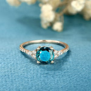 Runder blauer Saphir-Verlobungsring Vintage blauer grüner Saphir Solid Gold Ehering Diamant Moissanite Vintage Versprechen Jahrestag Ring