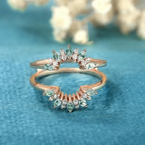 Curved Solid gold moss agate Enhancer ring Double wedding band Anniversary Diamond Moissanite Stacking Matching Enhancer Guard Jacket Band